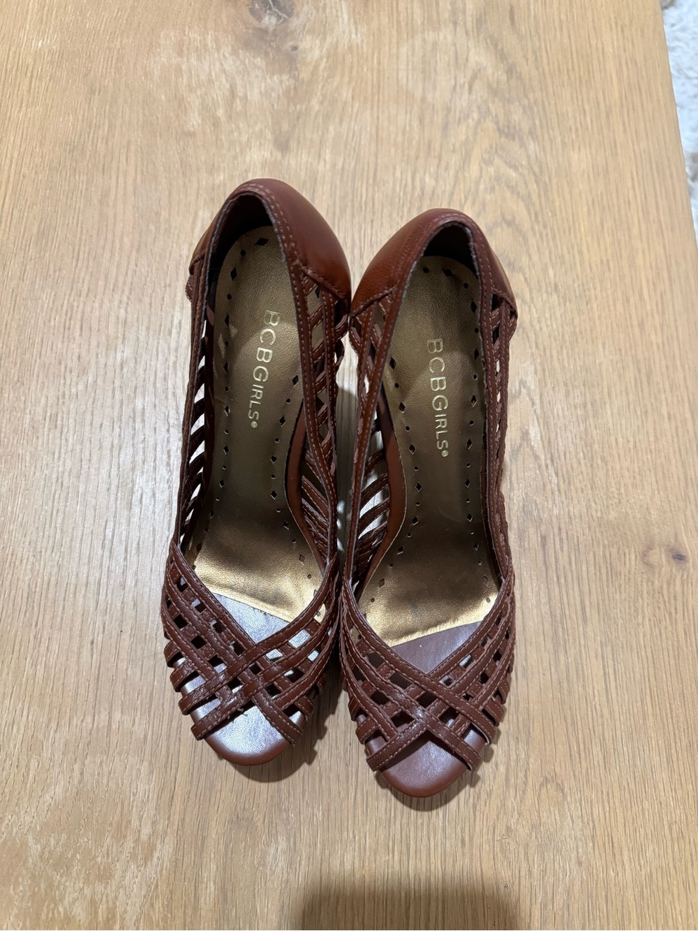 BCBGirls Brown Woven Peep-Toe Heels